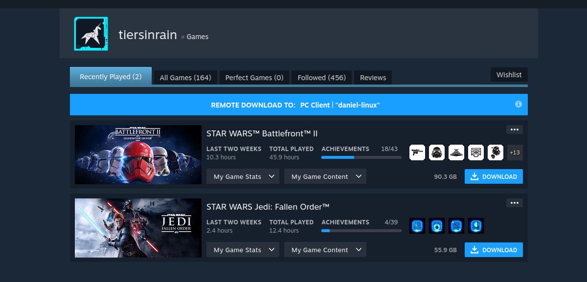 "Recently Played" games on Steam showing two Star Wars games and nothing else.